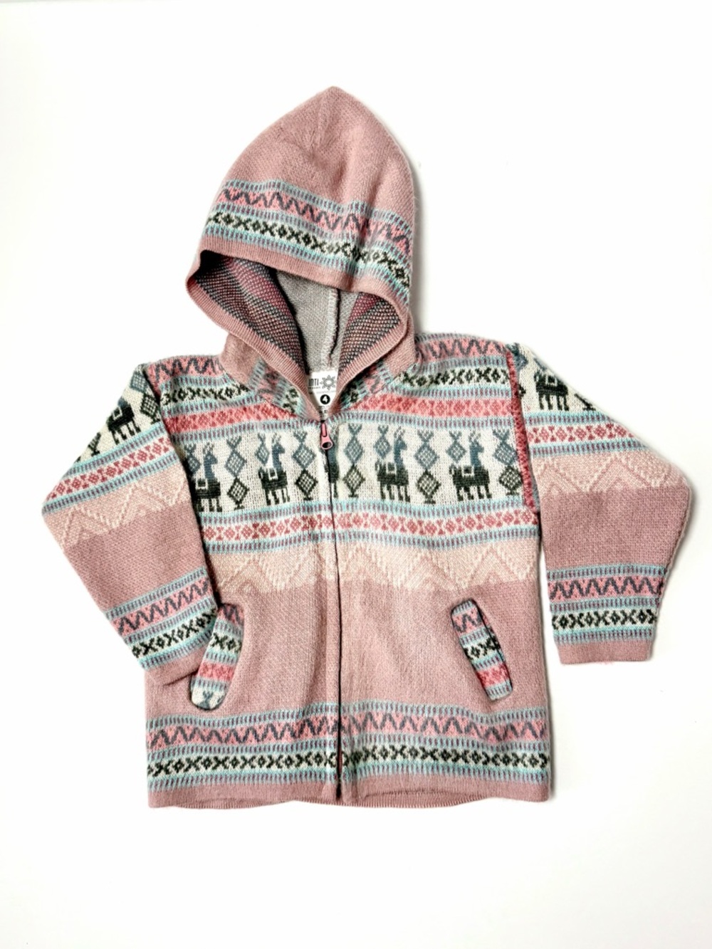 Inti Tejidos Wool Zip Front Hoodie Sweater Jacket Llama Fair Isle Ecuador Kids 4